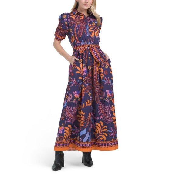 CELINA MOON FLORAL MULTI Short Sleeve Floral Maxi Dress With Belt